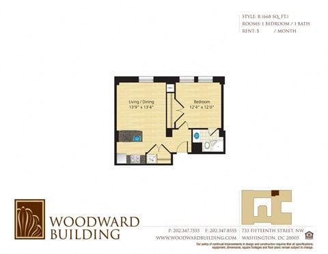 Floor plan for 1 bed, 1 bath, 668 sqft